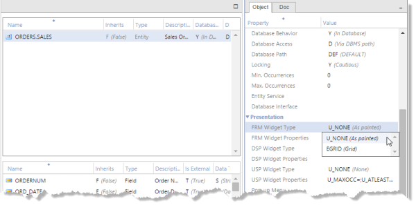 Entity editor with entity selected, showing the drop down list for the FRM Widget Type for the entity