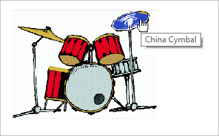 Drum set with cymbal highlighted and identified by tool tip