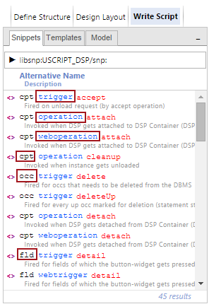 Resource Browser in the Write Script worksheet, showing trigger snippets delivered
    in the USCRIPT_DSP snippe library
