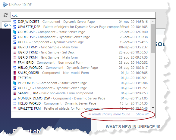 U-Bar showing list of object types