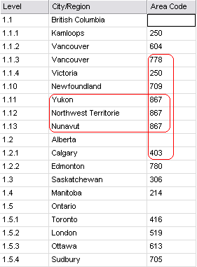 Grid with columns Level, City/Region, and Area Code. It shows the regions Yukon,
    Northwest Territories, and Nunavut have the same area code.