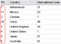 Grid with columns PK, Country, and International Code, sorted by PK as a string (1,
    11, 2, 25, etc.)