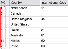 Grid with columns PK, Country, and International Code, sorted by PK as a number (1,2,3
    etc.)