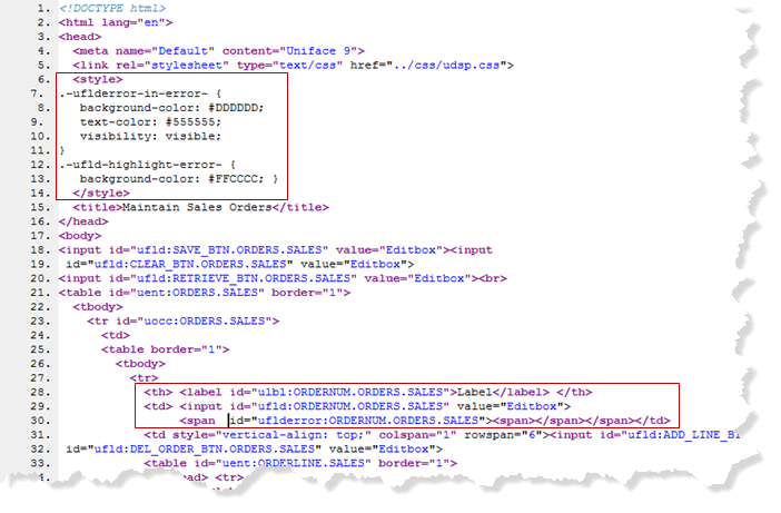 Source view of DSP layout showing styles and bound error element.