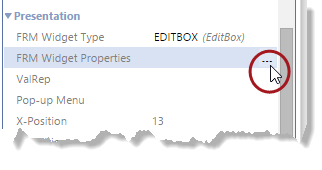 FRM Widget Properties field in Properties Inspector, with ellipsis highlighted