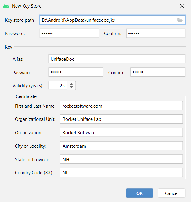 Android Studio New Key Store dialog